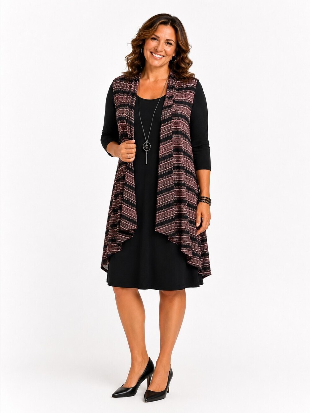 Haani Black Sweater Dress, Pink & Black Cardigan Attached Necklace,Sz Large NWOT